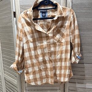 Nautica Tan and White Check Plaid Button-Down Shirt